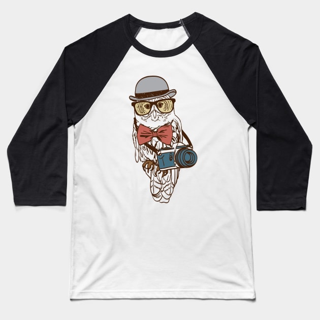 Hipster Photographer Owl Baseball T-Shirt by Digster